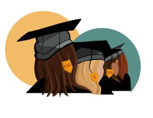 A digital illustration of girls wearing gradation cap