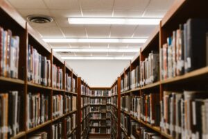 A pan shot of a library filled with books